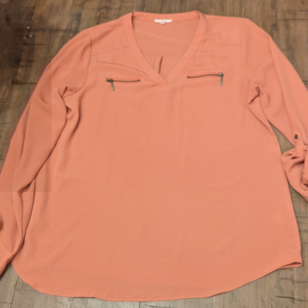 Maurice Large Peach V-Neck Top with Zipper Accents